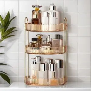Rotating Makeup Organizer for Vanity, 3-Tier Perfume & Skincare Storage, Clear Rotating Shelf for Bathroom Countertop, Transparent