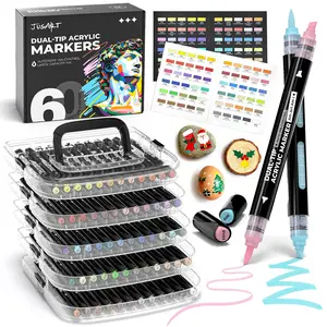 JusArt 36/60 Colors Automatic Ink Control Acrylic Paint Markers Dual Tip with Broad Tip and Brush Tip Pens for Ceramic, Wood, Canvas, Glass, Stone, Fabric, Rock Painting, DIY Crafts Art Supplies Kit