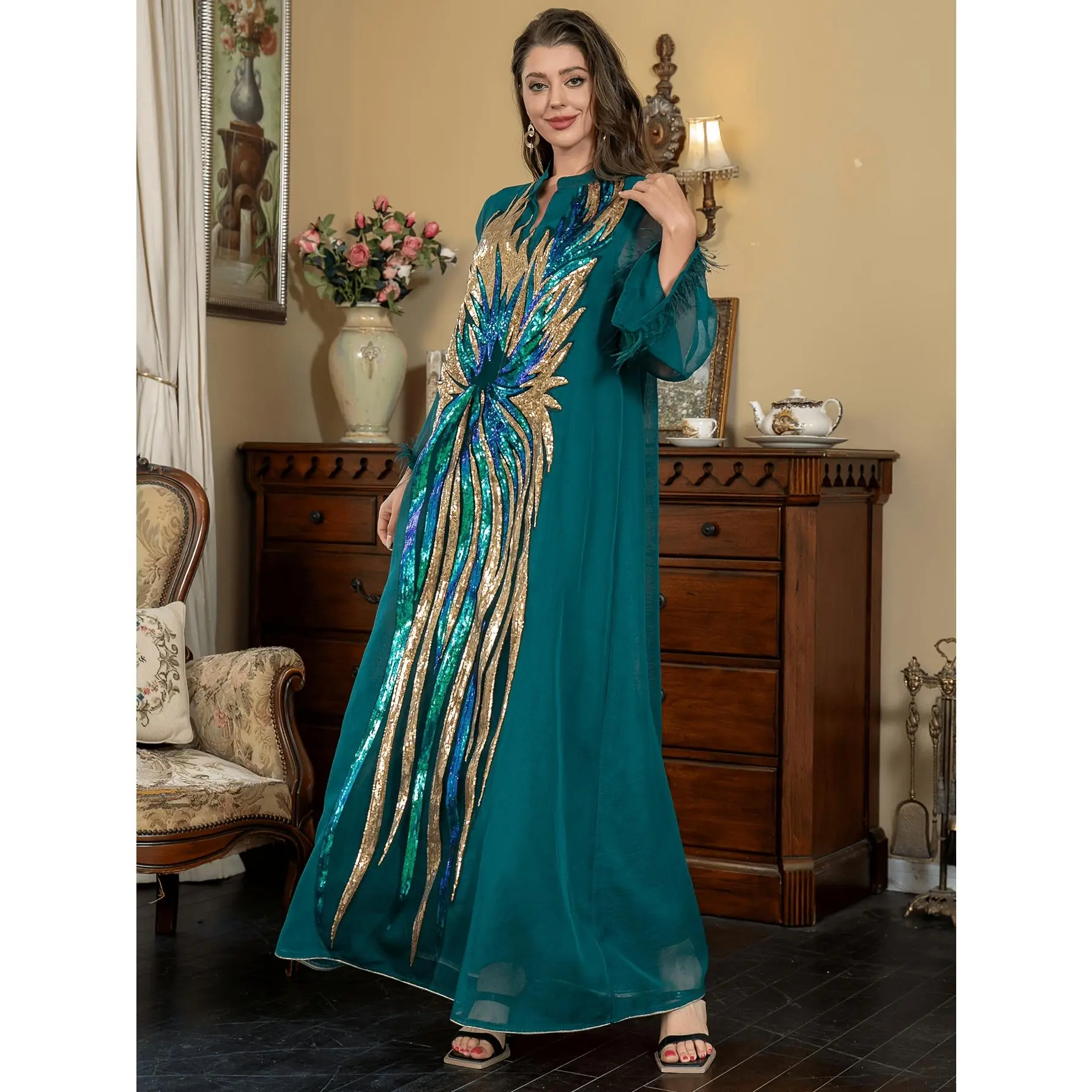 [Ramadan Attire] Elegant Teal Jalabiya With Golden Embroidery - Traditional Arabian Dress For Women, Long Sleeve, Polyester, All-Season Wear, Ramadan Attire, Festive Attire | Teal Embroidered Dress | Polyester Dress