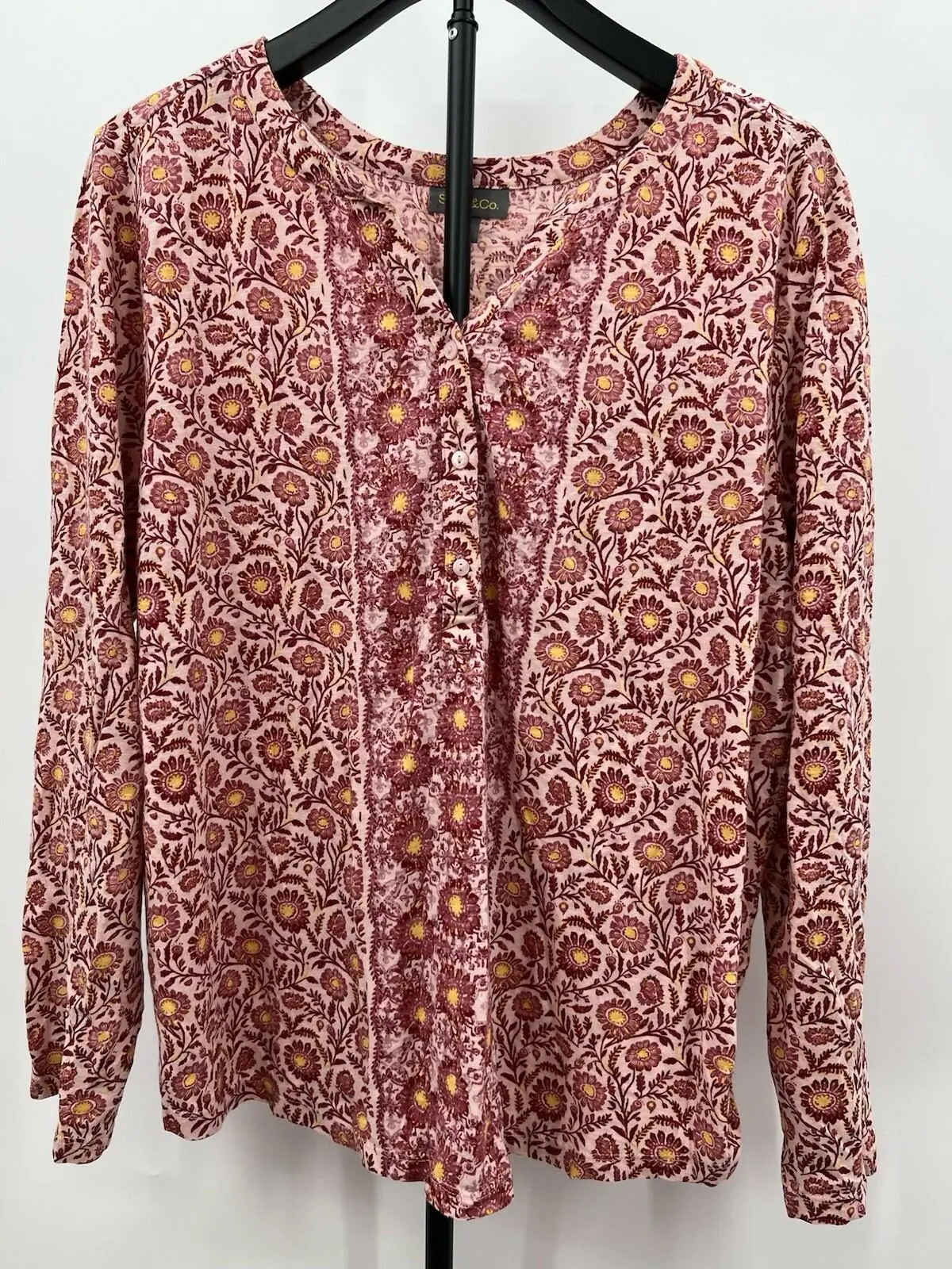 Style & Co Womens Pink Burgundy Floral Blouses Long Sleeve Henley Boho - Size XL