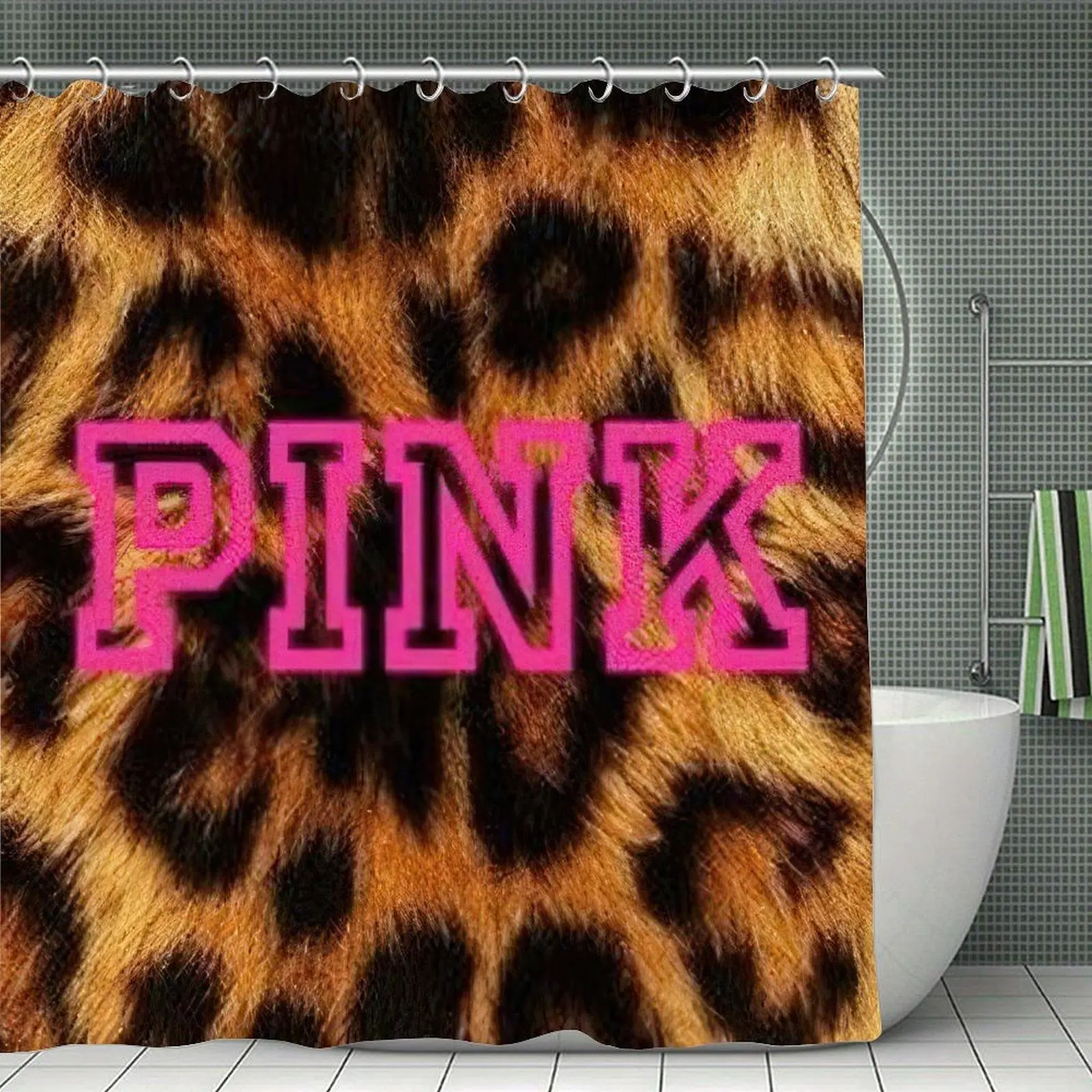 Y2K Leopard Print PINK Shower Curtain, Faux Fur Cheetah Bathroom Decor