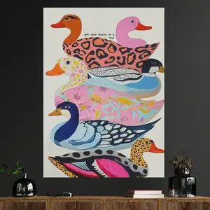 1 Piece, Wall Art, Decorative Artwork, Vintage Poster, Fun Colorful Duck Art Print, Fashionable Animal Pattern Kitsch Dopamine Canvas Painting, Living Room Decoration, Bedroom Aesthetic Design, Friend Gift, Housewarming Gift, Frameless