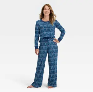 Women's Hanukkah Ribbed Long Sleeve Shirt & Pants Set in Blue Pattern Soft 100% Cotton Holiday Family Pajama with Fitted Cuff and Full Waistband Elastic