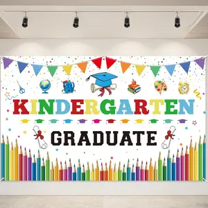71x43 Inch Kindergarten Graduation Backdrop Banner, Classic Design for Pre K Preschool Graduation Decorations, Graduation Party Supplies Photo Booth Props (White)