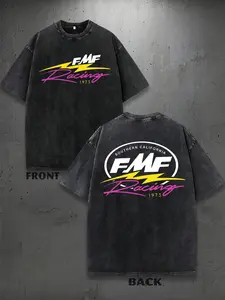 Black Washed FMF Racing Retro Grunge FMF 1973 Southern California Lightning Motocross Graphic T Shirt for Men Women Oversized Short Sleeve Crewneck Cotton Tee Streetwear Casual Top for Vintage MX Racing Lovers and Daily Wear