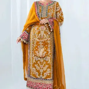 XL - 4pc Fully Embroidered Mehndi Dress in Vibrant Mustard Yellow with Rich Detailing and Matching Dupatta Size XL 46 Chiffon Material Perfect for Special Occasions