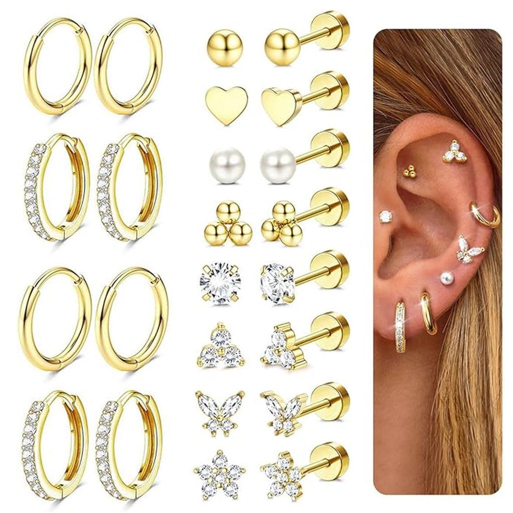 12-Pair Gold Earring Set – Hypoallergenic Studs & Huggie Hoops with Cubic Zirconia 12-Pair Gold Earring Set – Hypoallergenic Studs & Huggie Hoops with Cubic Zirconia