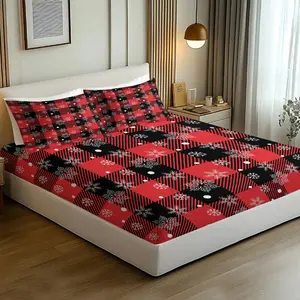 3Pcs Winter Wonderland Fitted Sheet Set, Festive Red and Black Checkered Pattern with Whimsical Snowflakes and Dots, Cozy and Stylish Bedding for Holiday Decor, Perfect for Christmas Vibes, No Pillow Core, Bedsheet Sets