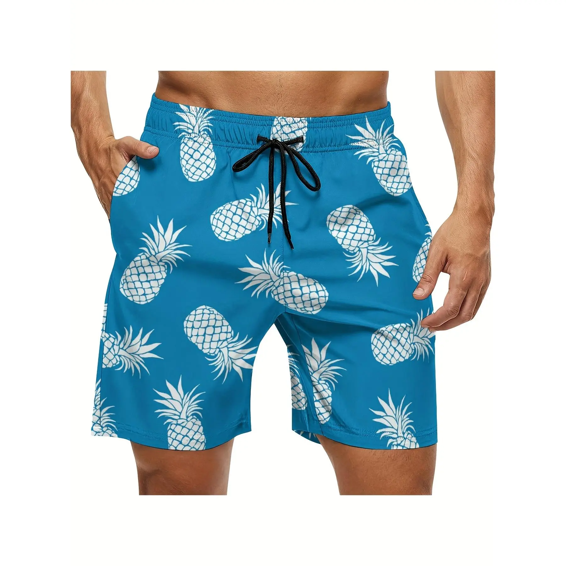 [Made in US] Men's Blue Pineapple Print Swim Trunks - Soft, Stretchy, Quick-Dry Beach Shorts for Outdoor Fun & Sports, Lightweight Polyester Fabric with Drawstring Waist, Sizes X to 2XL, Bathing Suits