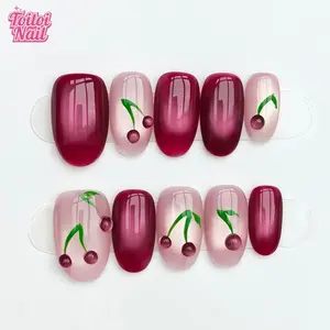 10pcs Handmade Press On Nails Acrylic Fake Nails -Short Oval Pink & Burgundy Nails, Handcrafted 3D Cherry Decor Sweet Fresh Style Nail Art, for Daily Wear & Dating with Jelly Glue & Nail File