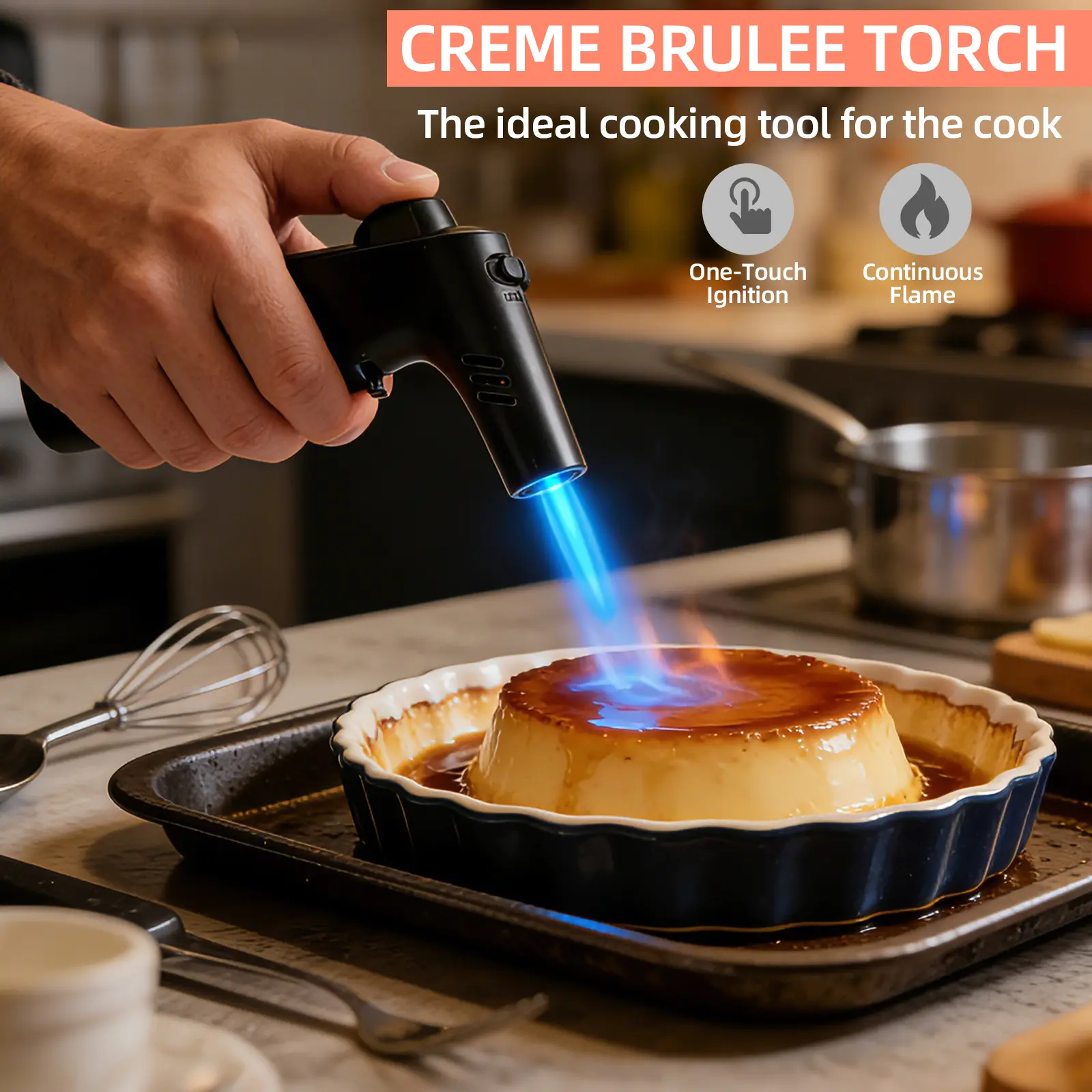 Windproof Butane Torch Lighter, Adjustable Flame, Safety Lock, Kitchen Torch for Cooking and Grilling, Funky Kitchen Gadget, Butane Fuel Not Included