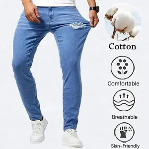 Men's Casual Blue Ripped Denim Jeans, Cotton Breathable Comfort Straight Leg Pants