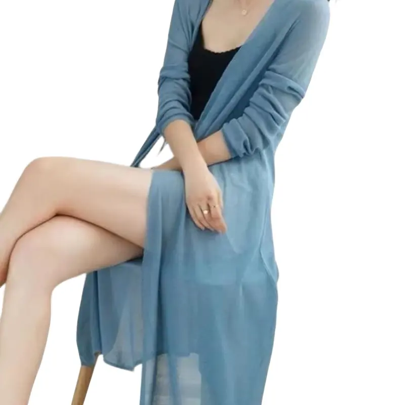 Long Casual Knit Cardigan Women Summer Beach Lightweight Sun Protection Air Conditioning Top, 3/4 Sleeve, Elegant Style, All Seasons, Knitwear