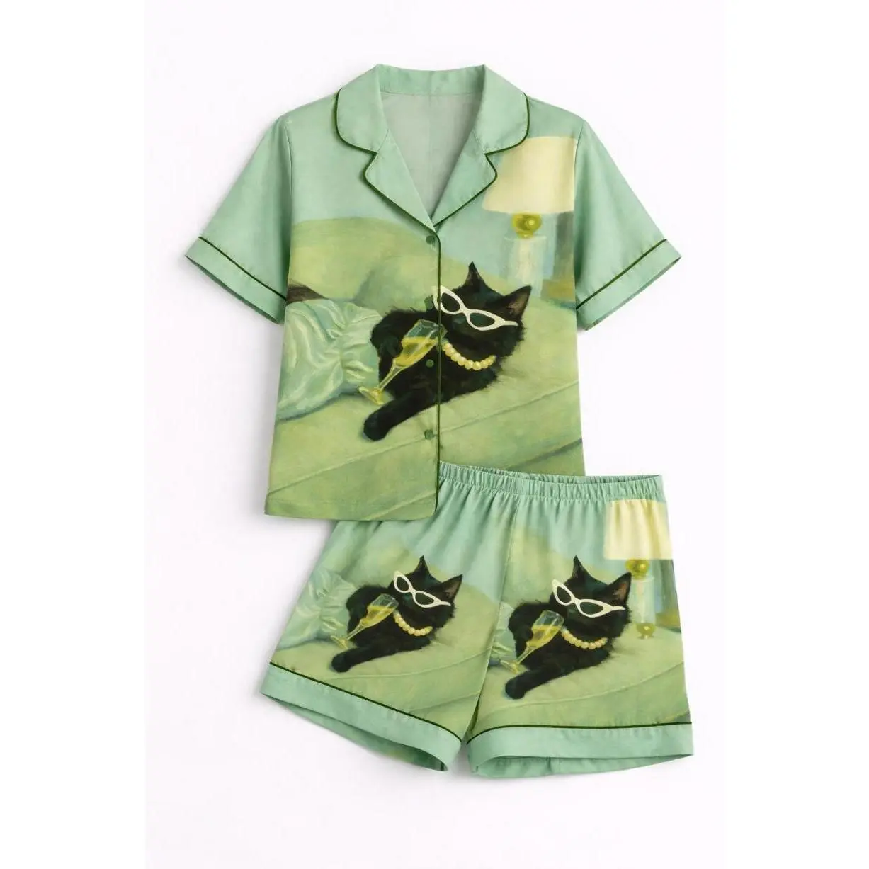Cat Print Satin Pajama Set, Women's Sleepwear Lounge Pajamas, Mutiple Color opption, Lightweight Feel, Moves with You, Trendy Looks, Stay Ahead of the Curve