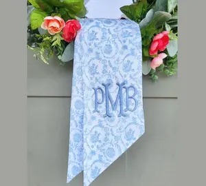 Chinoiserie Wreath Sash Light Blue Floral Wreath Scarf Housewarming Gift for Newly Wed Couple Gift Bridal Shower Decor Blue Chinoiserie Bow