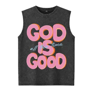 230G Washed Pure Cotton Washed Vest Men'S Casual Fashion, With 'GOD IS GOOD All The Time' Words Print, Outdoor Sports Washed Vest Loose Fit | Soft Knitted Washed Vest Menswear Natural