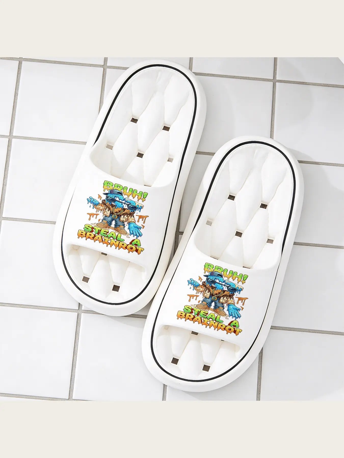 Funny Bruh 13 Brainrot Sneaker Slippers, Dripping Waffle Ice Cream Streetwear Themed Non-Slip House Slippers, Comfy Warm Plush Indoor Outdoor Slip-On Slippers, Cool Hiphop Style Casual Home Footwear For Men Women Teenagers