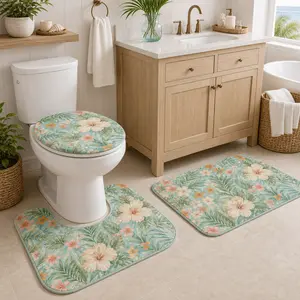 Tropical Hibiscus Bathroom Rug Set 3PCS, Soft Non-Slip Bath Mat, U-Shaped Toilet Rug & Toilet Lid Cover, Coastal Botanical Bathroom Decor, Absorbent Washable Bathroom Floor Mats