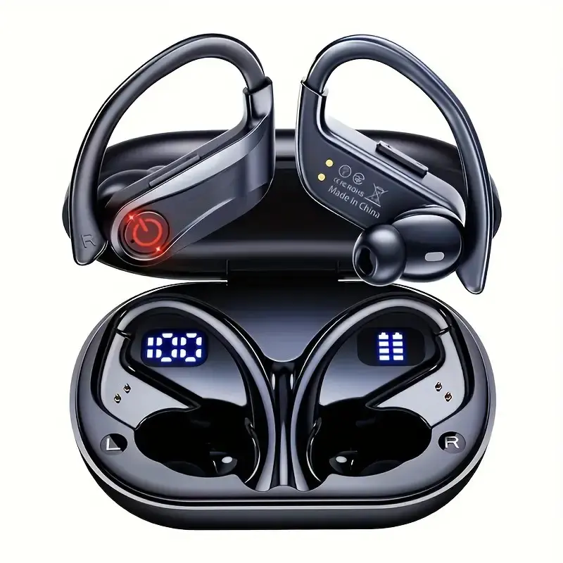 【FS】Bluetooth 6.1 Headphones True Wireless Earbuds 120hrs Playtime Wireless Charging Case, Digital Display Sports Ear Buds with Earhook Hi-Res Audio Clear Calls Earphones IPX7 Waterproof for Running Gym