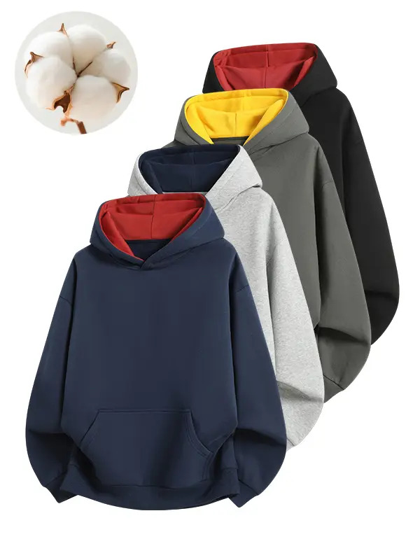 Men's Classic Casual Solid Hoodie - Menswear Tops, Long Sleeve Loose-Fit Poly-Cotton Sweatshirt with Off-Shoulder Cut, Soft Skin-Friendly Breathable Fabric, Pocket for Daily Outdoor Wear