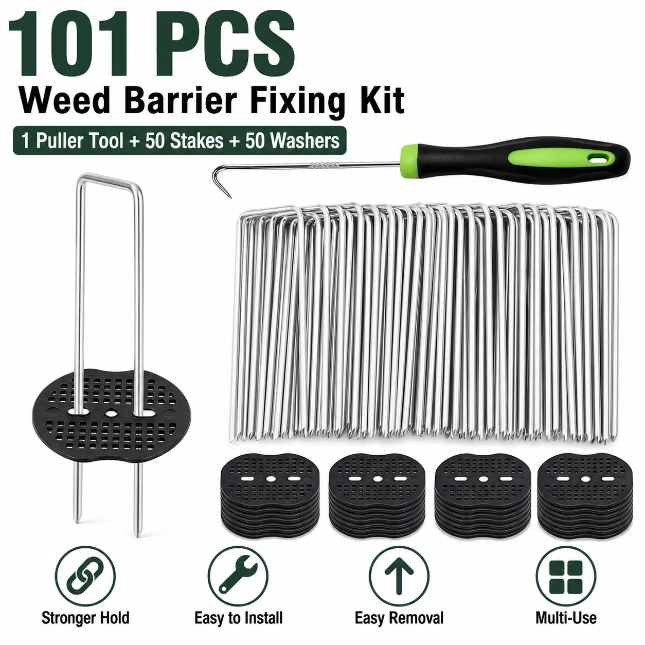 PINKART 101 pcs weed barrier fabric staple kit with washers and puller tool, U-shaped galvanized landscape stakes for garden fabric, artificial turf, netting, irrigation tubing, available in 10 cm, 15 cm, and 20 cm options