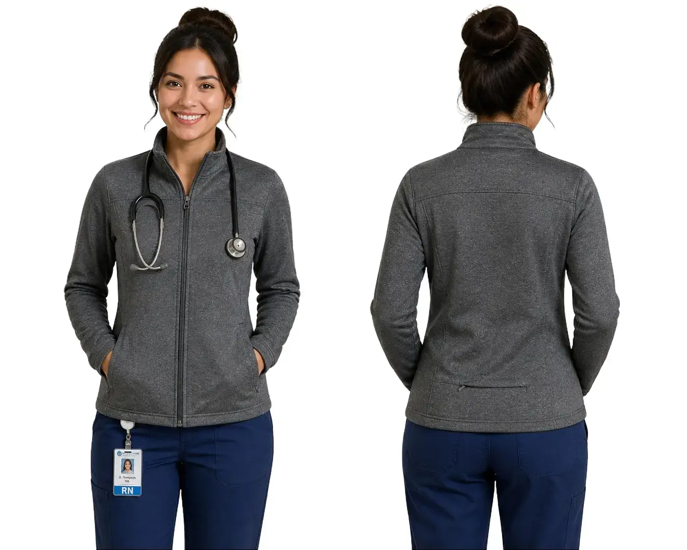 Women's Fitted Poly-Tech Zipper Long Sleeve Jacket - 100% Polyester, Breathable Soft Fabric, Fleece Lining, Pocket, Slim-Casual, Machine Washable, Warm Lightweight Outerwear for Healthcare Workers, Outdoor Activity Use