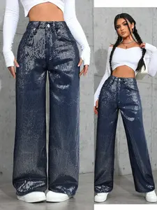 Women's Sequin Jeans，Straight Leg Denim Pants, Casual Fitted Style, Everyday, Solid, All Seasons Wear
