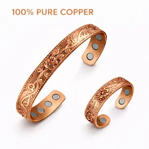 Women’s Pure Copper Magnetic Bracelet and Ring Set, Adjustable Floral Engraved Copper Cuff Bracelet with Matching Ring, Wellness Jewelry Gift for Her