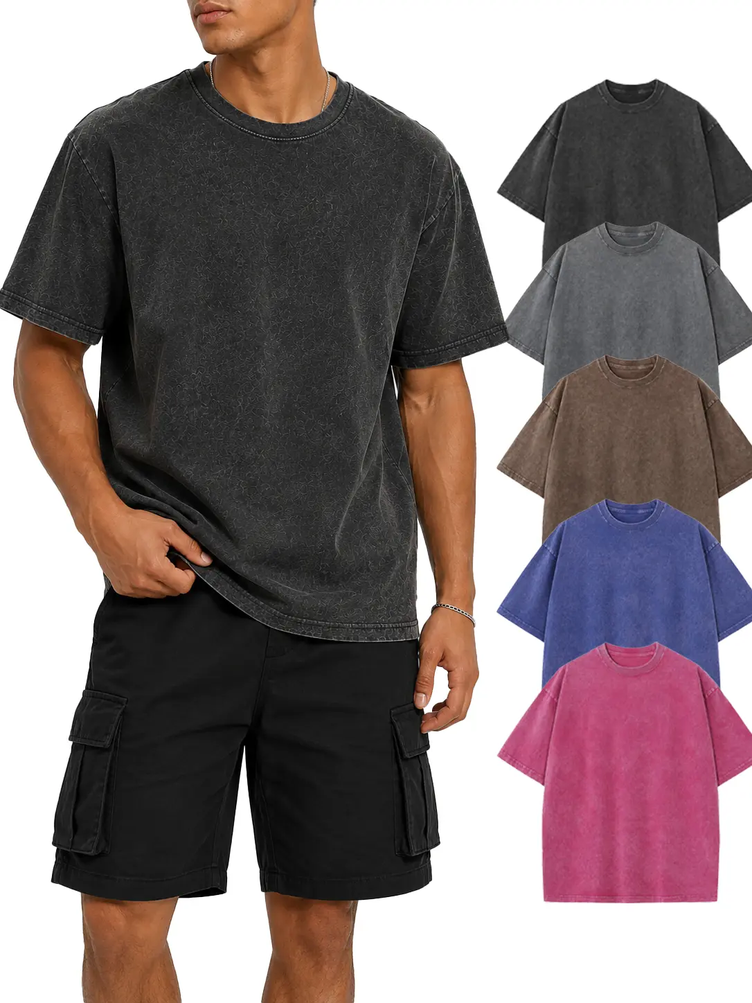 100%cotton 240g 1 pack Acid Wash Unisex Oversized Cotton T-Shirt Crew Neck Half Short Sleeve Summer Top Casual Loose Fit Solid Streetwear Comfortable Tees Basic Womenswear Shortsleeve Tshirt Classic Hem