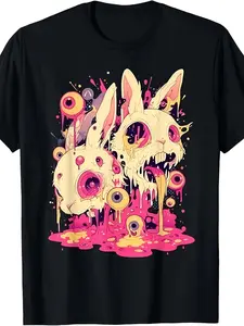 MOST POPULAR! Psychedelic Creepy Horror Bunny Rabbit Goth Horror T-Shirt S-3XLSame Style for Men and Women 2025 Summer Short-sleeved Printed T-shirt Pure Cotton 220G