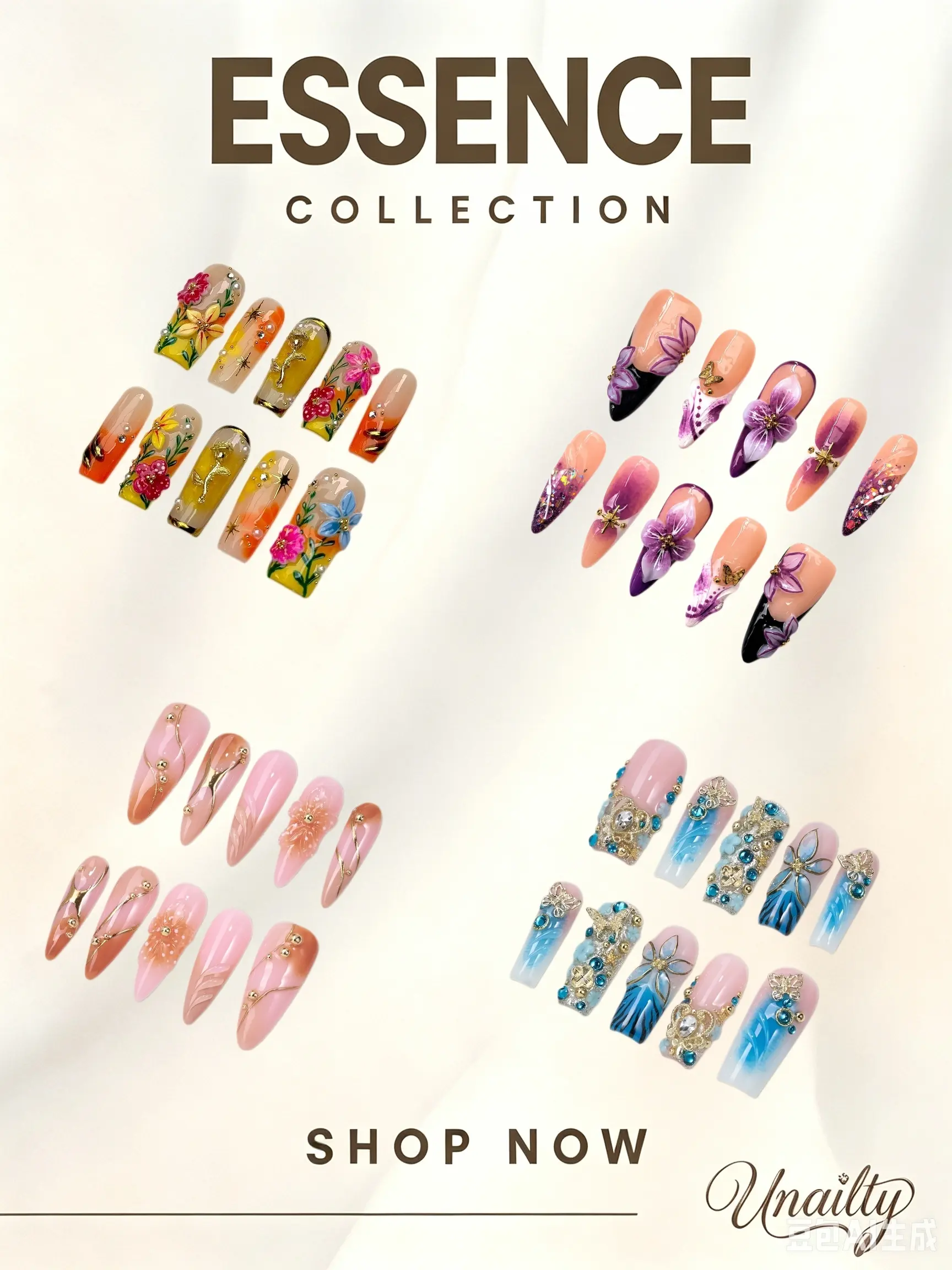 Unailty ESSENCE Collection Handmade Press-On Nails - Multi-Colored, Reusable, Salon-Quality, Long-Lasting, Glossy Nail Art Decorations