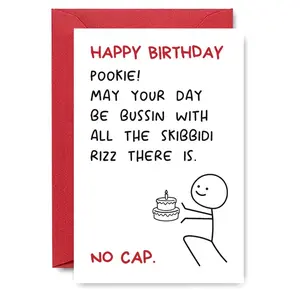 1PC Slang-Filled Birthday Card "Happy Birthday Pookie! May Your Day Be Bussin With Skibidi Rizz" for Young Couples, Student BFFs & K-Pop/Stan Lovers, Perfect for Playful Birthday Wishes, Fun Party Cards