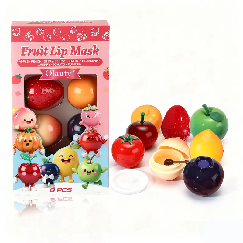 Fruit-Shaped Lip Mask Set – Apple, Strawberry, Lemon, Peach, Blueberry, Cherry, Pumpkin & Tomato | Small and Portable | Day & Night Moisturizing Lip Care | Hydrating, Nourishing & Smoothing | Cute Fruity Design, Perfect for Gifting
