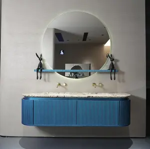 GruiGevi Blue Ribbed Double Sink Vanity with Backlit Mirror Marble Top Modern Bathroom Cabinet Minimalist Style TikTok Trendy Home Decor