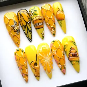 S2 Nailed by Vibe Honey Bee Hive Press-On Nails, 3D Handmade Bee, Honeycomb, Flowers & Jar Art, Vibrant Yellow Summer Vibes, Cute Nature Inspired Custom Nails, Gifts for Her