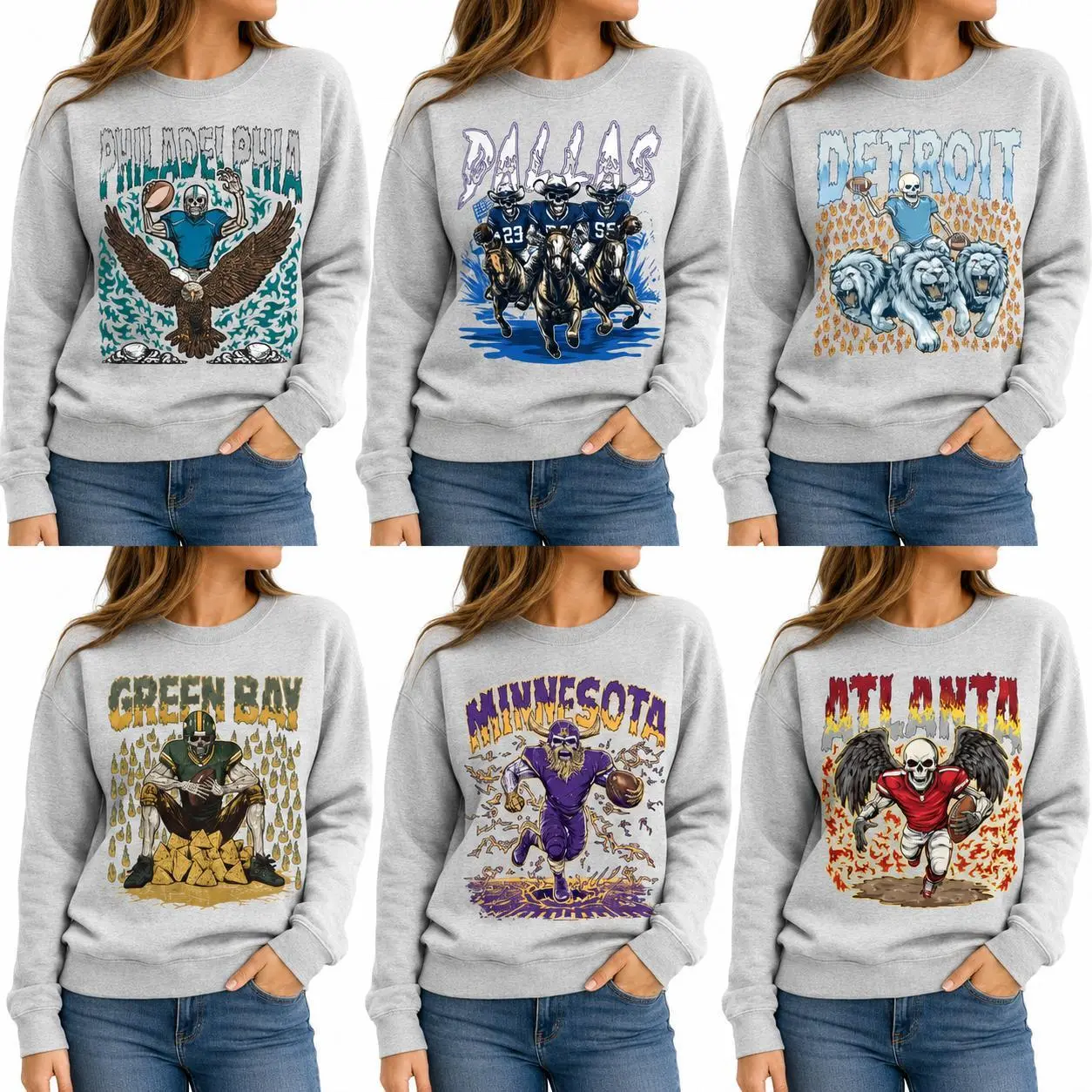 Men's Vintage Skeleton City Football Printed Crewneck Sweatshirt - Heather Gray Cotton Fit Pullover, Round Neck, Retro Sublimation, Unisex All Seasons Casual Top, Gift Idea for Football Fans