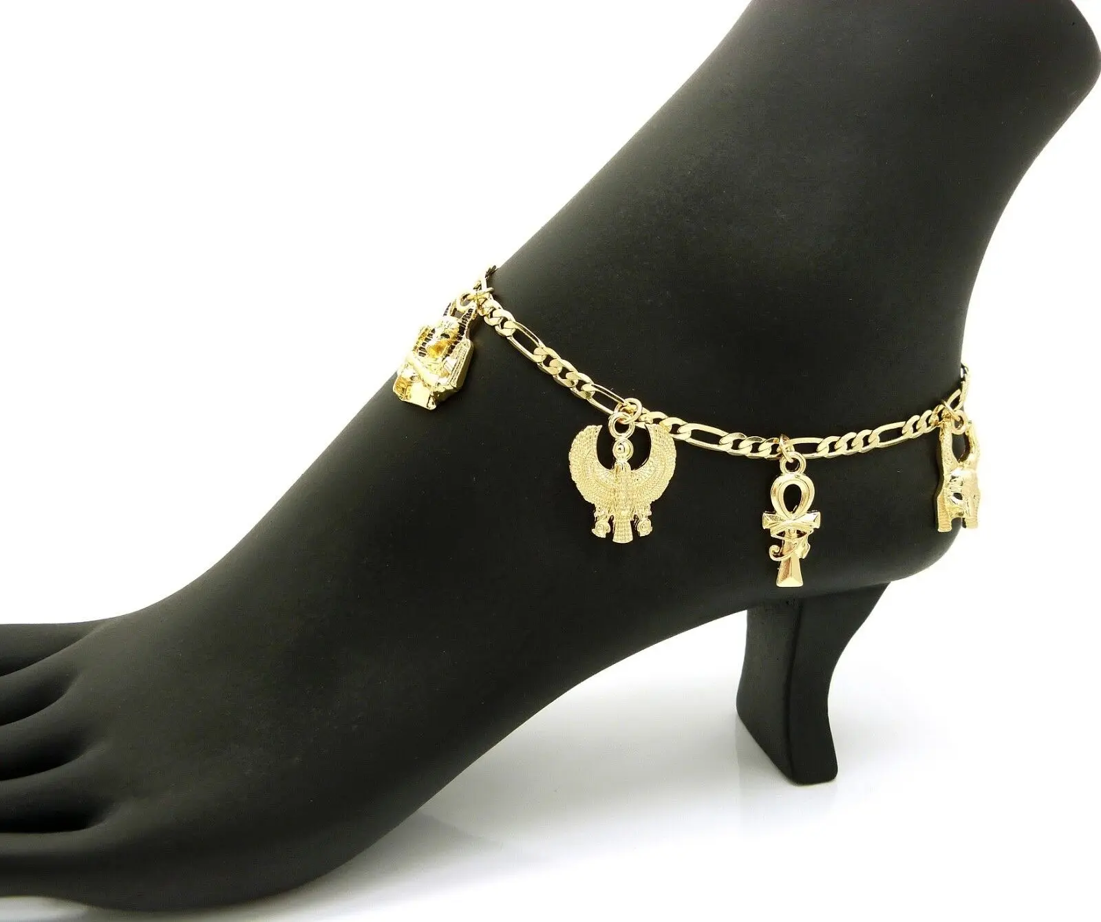 MaxBling81 Unisex Ancient Egyptian Anklet - 10in 4mm Brass Figaro Chain Footlet Bracelet with 5 Ankh, Anubis, Horus Bird Charms, Metal-Coated Costume Jewelry, Ancient Egyptian Anklets