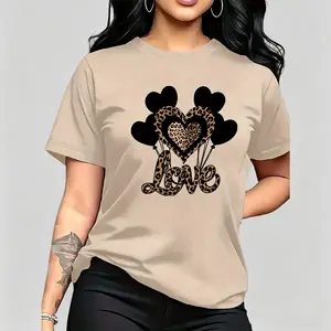 Women'S Black & Golden Heart Print T-Shirt with Black & Golden Leopard Print - Casual Round Neck Short Sleeve Top, Stretchy Medium Stretch Fabric Everyday Streetwear Tshirt
