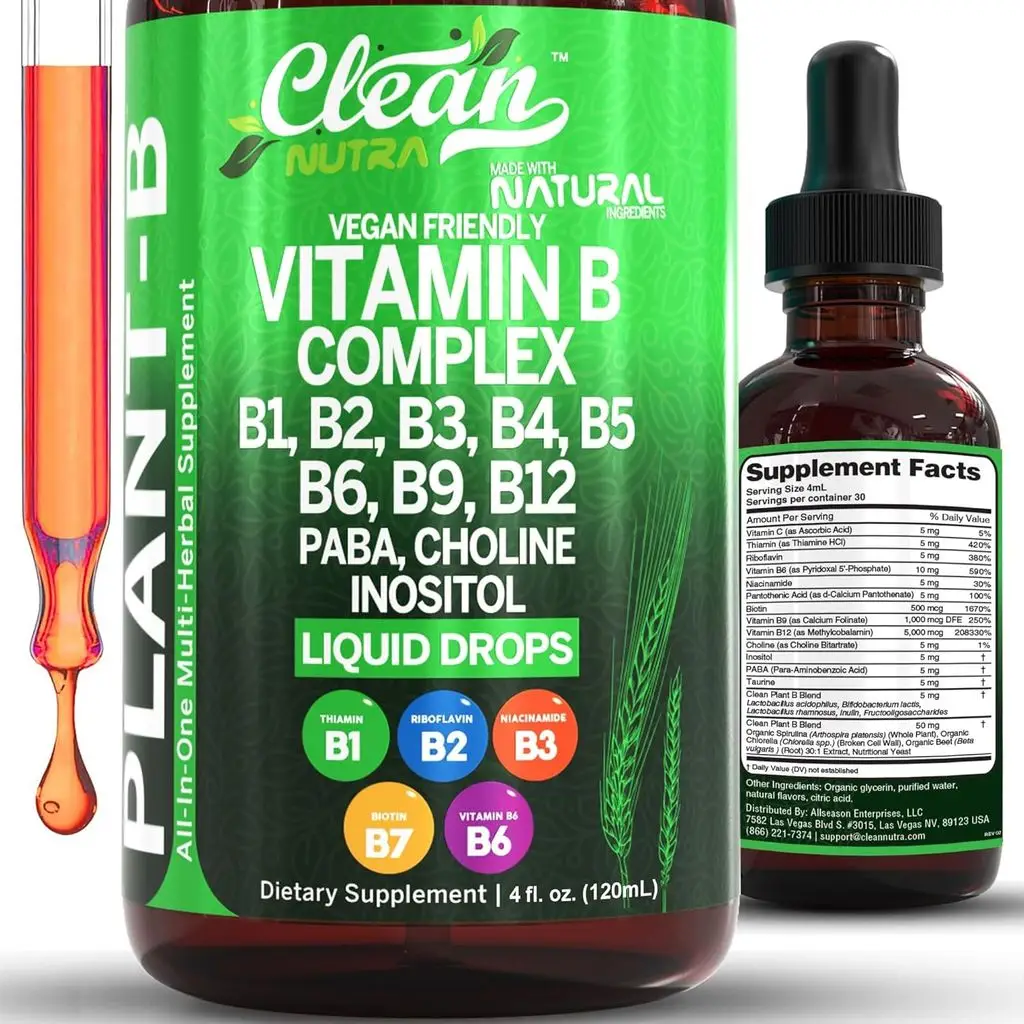 Vitamin B Complex Liquid Drops | Thiamine B1, B6, B2, B3, B4, B5, B7 B9, B12, Niacinamide, Paba, Choline Inositol Taurine Probiotics Beet Supplement