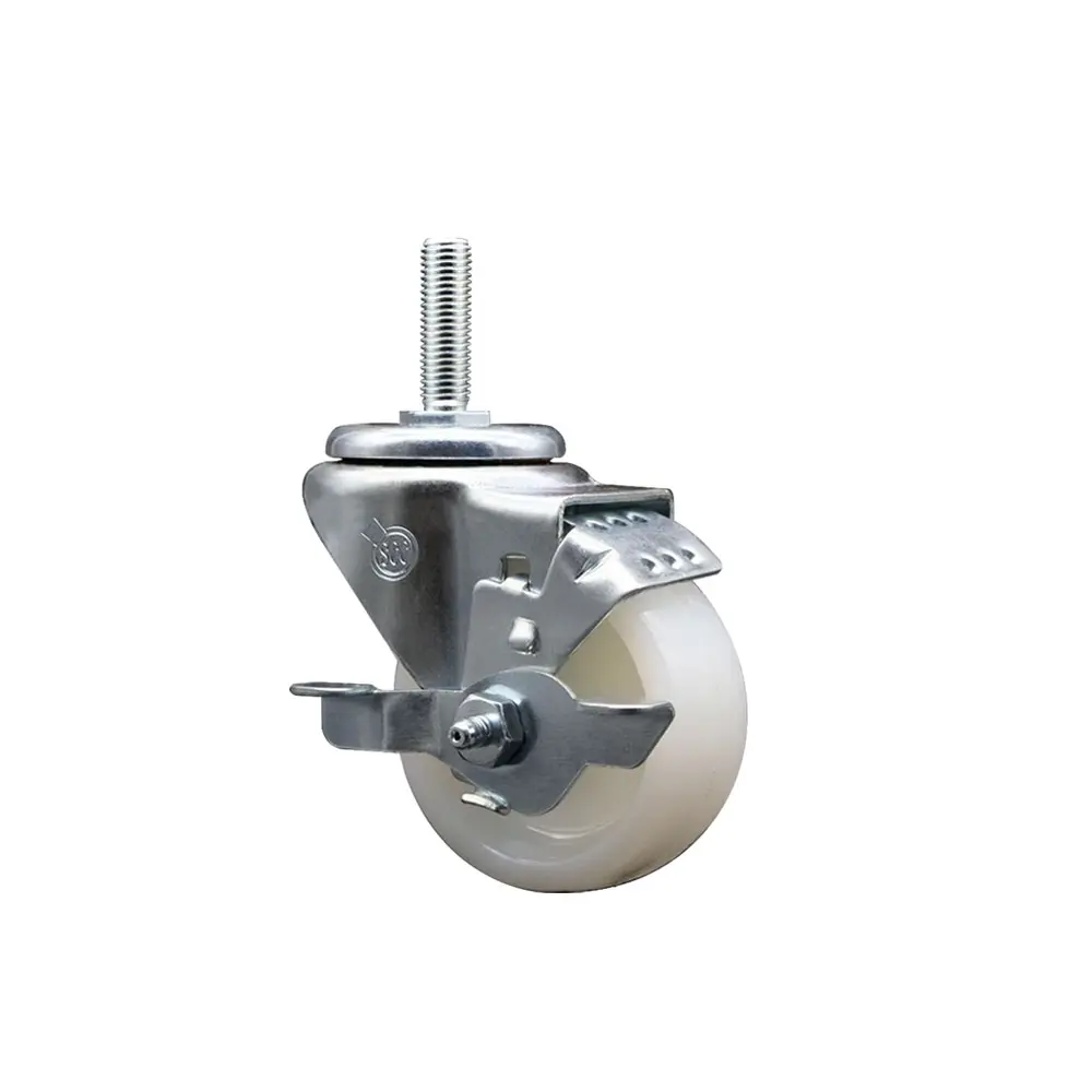 Service Caster SCC-TS20S314-NYS-TLB-58212 Nylon Swivel Threaded Stem Caster - 3x1.25 in White Nylon Wheel, 0.63 in Stem, Top Lock Brake, 300 lbs Capacity, Chemical Res., Threaded Hole Castors, Maintenance-Free for Shop Projects, Material Handling