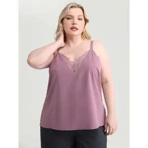 BloomChic Women's Plus Size Lace Neckline Satin Tank Top - Polyester Patchwork Fabric, Smooth, Lady-Focused, M-6X Sizing for 2026 Summer Vibes Swimweek