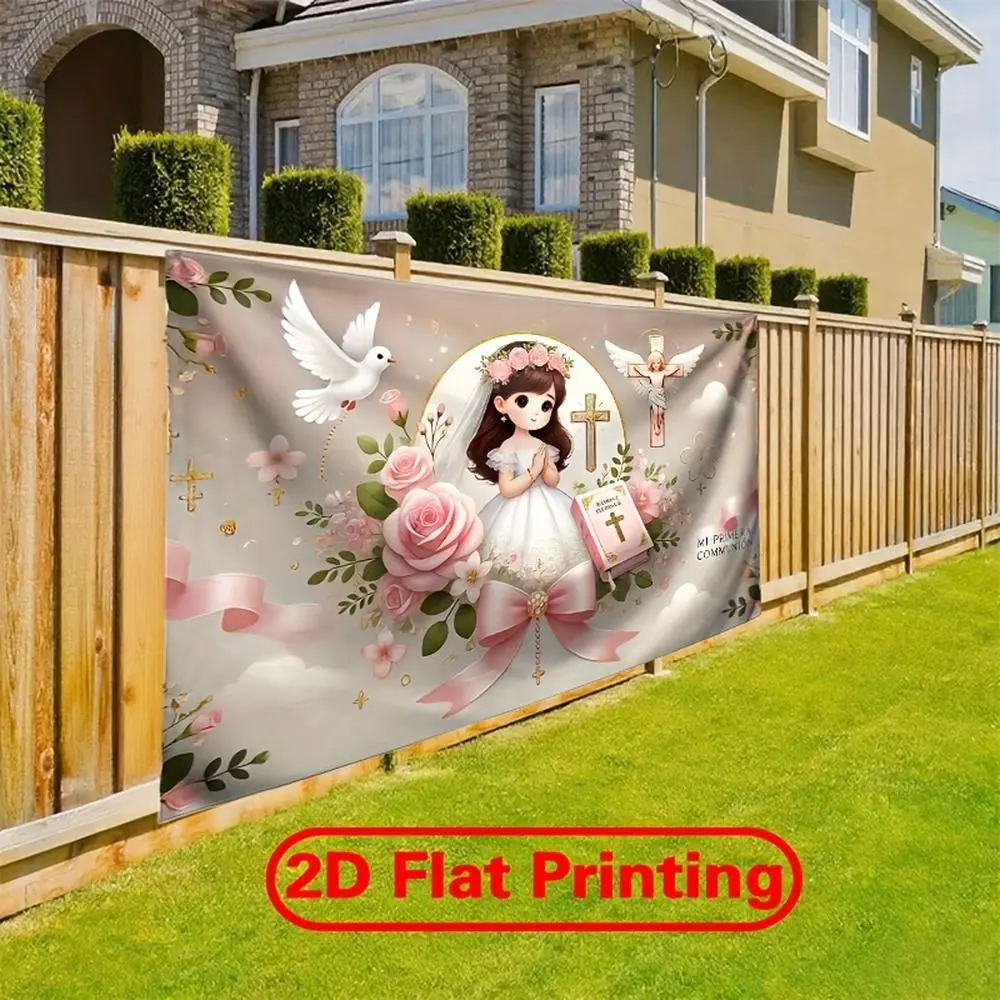 1pc Durable Soft Polyester 2D Flat Glam First Communion Wall Hanging Backdrop Banner - Angelic White-Dressed Girl, Flower, Rose, Dove Design, Hanging Loop, Party Decorations Banners, Ceremony Indoor Living Room Wall Covering
