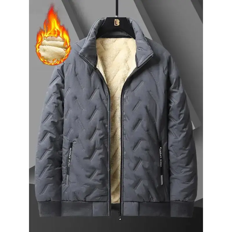 Men's Stand Collar Fleece Cotton Jacket with Waterproof Zipper, Ultra-Soft Lambswool Lined Casual Fashion Coat for Daily WearGift