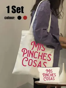 Spanish Style Canvas Bag Set, Foldable Shoulder & Makeup Pouch, Durable Large Capacity, Fashionable Tote Bag, Perfect for Gifts, All Seasons Use, Multifunctional Bag