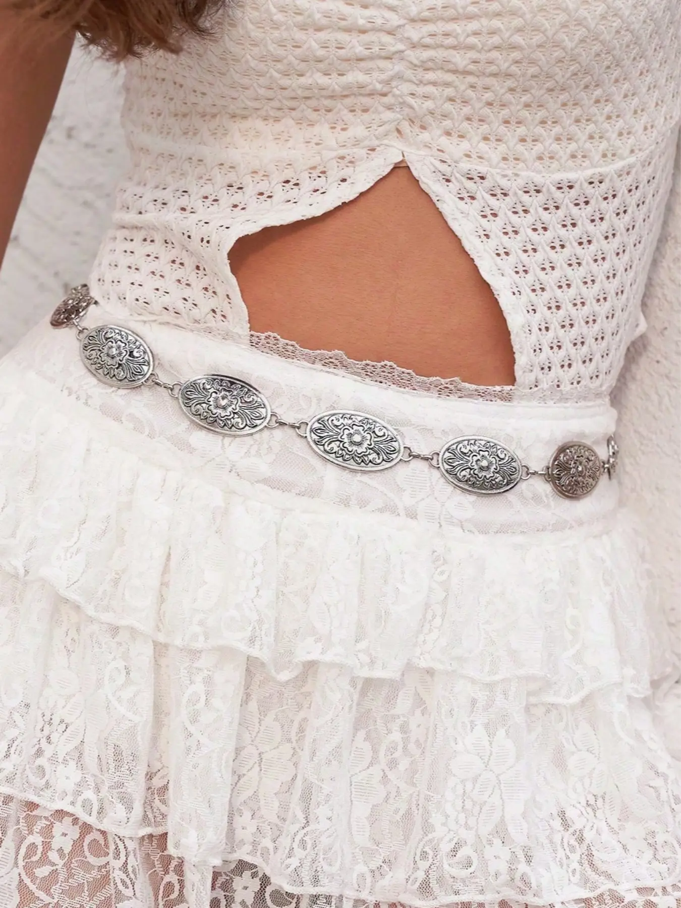Boho Vintage Alloy Adjustable Waist Chain, Trendy Exquisite Boho Style Belt, Silver Color Floral Pattern, Versatile Dress Accessory, Perfect for Parties & Daily Wear, Fashion Belts