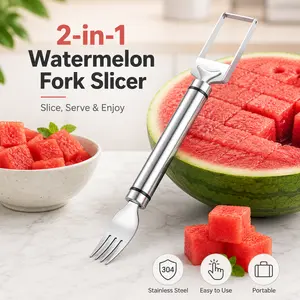 2-in-1 Stainless Steel Watermelon Fork Slicer, Summer Fruit Cutter Tool for Melon Cubes, Picnic, BBQ, Camping & 4th of July Party Prep