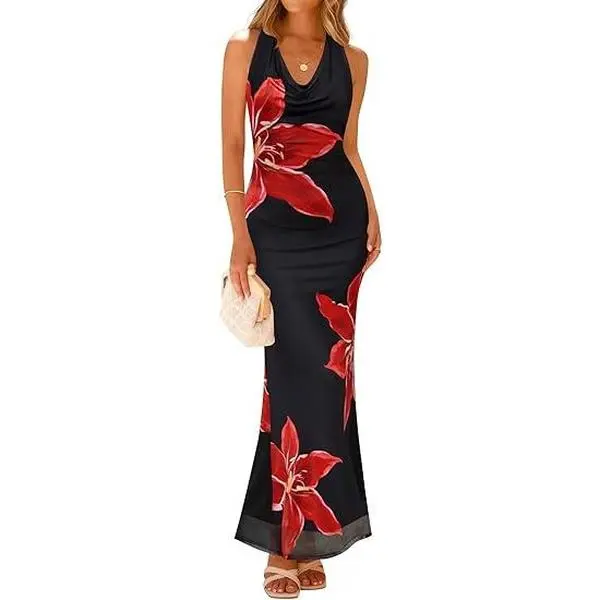 ZESICA Women's 2026 Summer Halter Neck Floral Print Maxi Dress Sleeveless Backless Wedding Guest Party Bodycon Long Dresses
