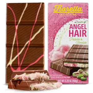 Fiorella Dubai Angel Hair Chocolate Bar 5.29 Oz, Pink & White Cotton Candy, Luxurious Milk Chocolate with a Heavenly Pistachio Cream and Fluffy Cotton Candy Filling, Unique Multi-Layered Sweet Experience