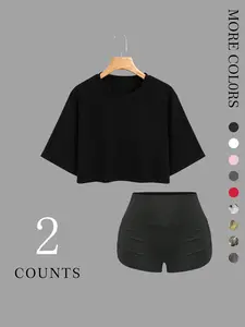 Women's 2-Pack Oversized Short Sleeve Crop Top & Ruched Shorts Set, Soft Stretchy Fabric, Crew Neck Casual Daily Loungewear, Solid Color, Leopard, Stripe & Camo Print Available