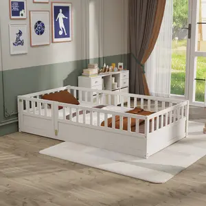 Twin Size Floor Bed with Super High Security Barrier Door Montessori Wooden Frame White Crib Floorbed for Children's Bedroom Accessories